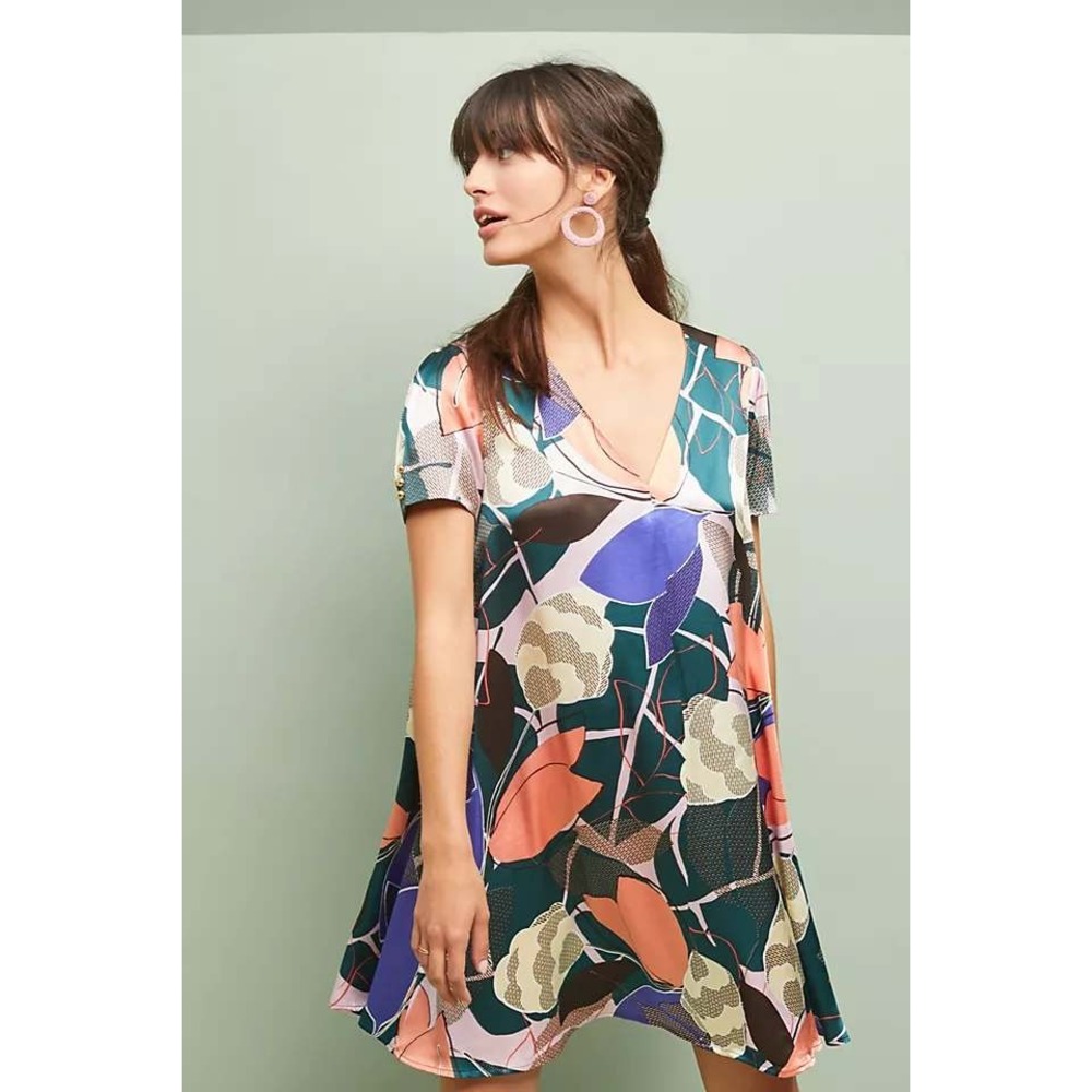Corey Lynn Calter Dress Abstract Floral Print Short Sleeve Green Pink